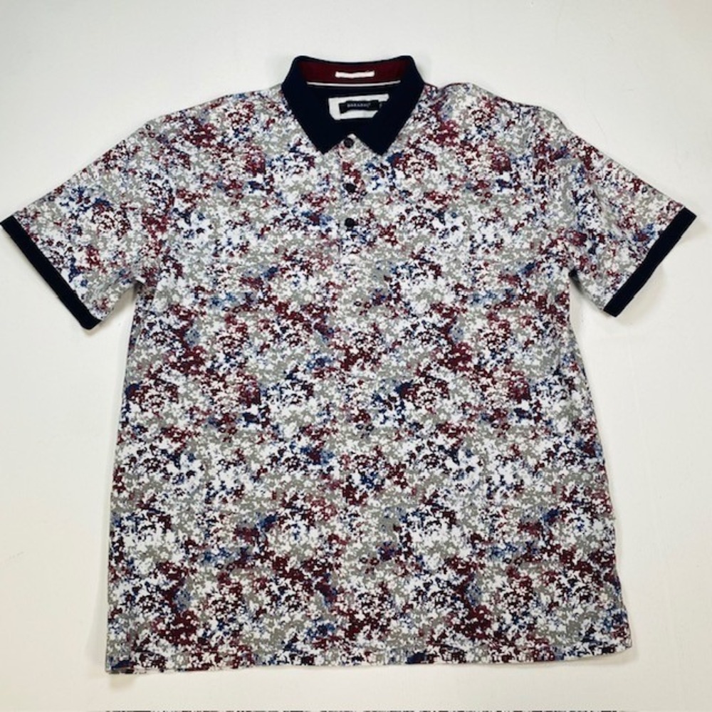 Barabas Mens 2XL Polo Shirt Abstract Floral Paint Splatter Short Sleeve Navy Red
